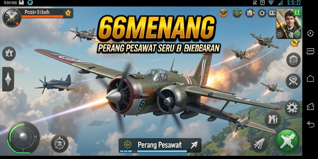 Antarmuka 66MENANG menampilkan pesawat tempur dalam aksi seru.